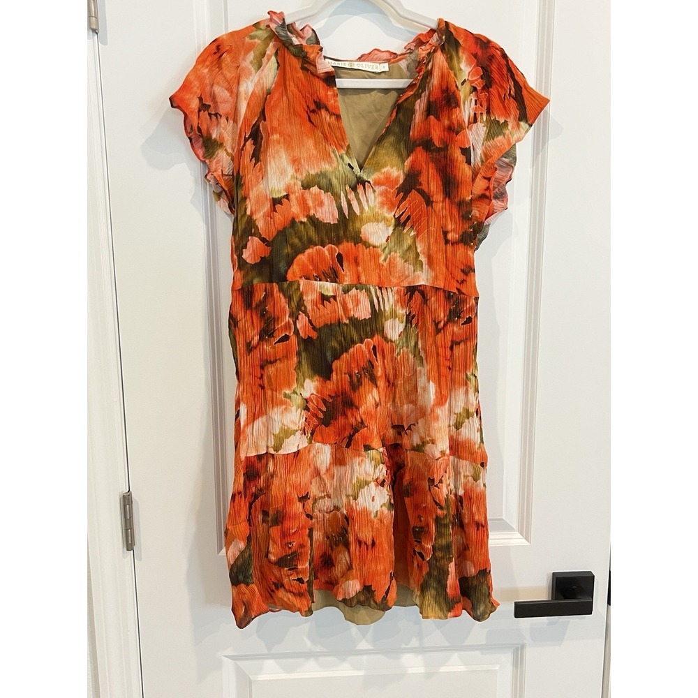 Marie Oliver Orange Print Pleated Dress Size M Rayon/Silk Blend